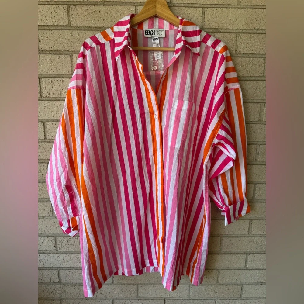 Beach Riot Alexa Striped Oversized Beach Shirt Sunset Stripes Small Medium